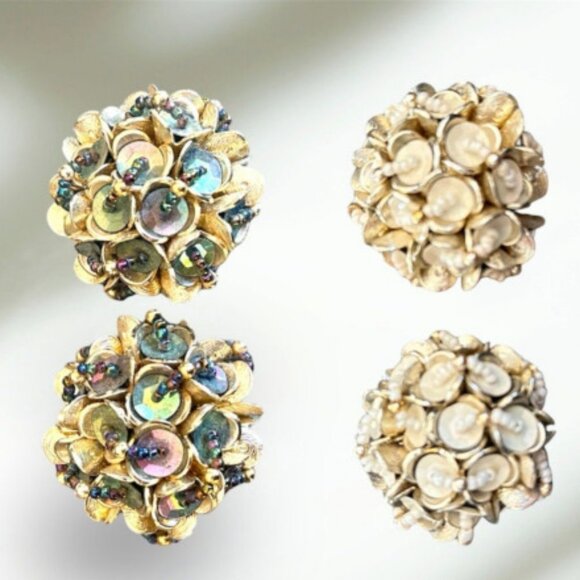 VINTAGE IRIDESCENT BEADED FLORAL CLIP ON EARRINGS UNIQUE 2 SETS PREOWNED - Picture 1 of 5